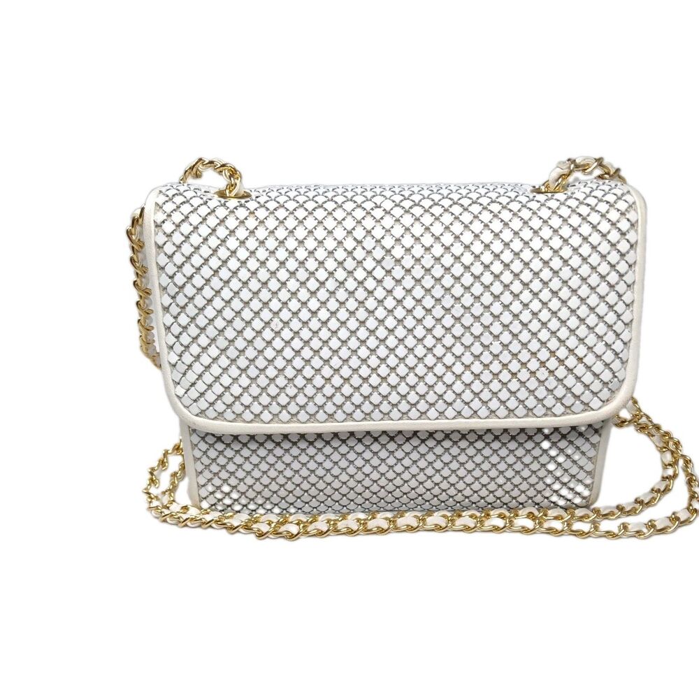 Vintage Whiting & Davis Handbag White Metal Mesh Gold Trim Chain Leather Strap